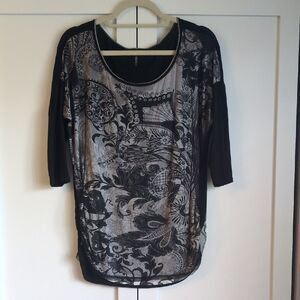 Edista Whimsigoth Lace Mesh Overlay Top Size M Ruched Gothic Boho USA